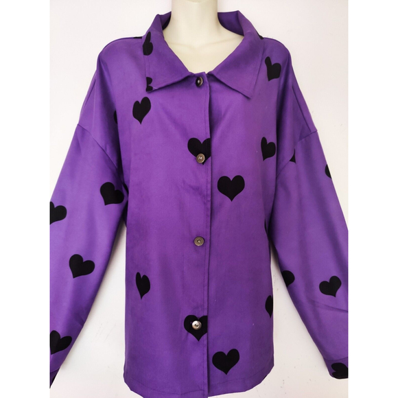Shein Curve Button Down Shirt Jacket Purple Black Hearts Plus Size 3XL - Picture 2 of 10